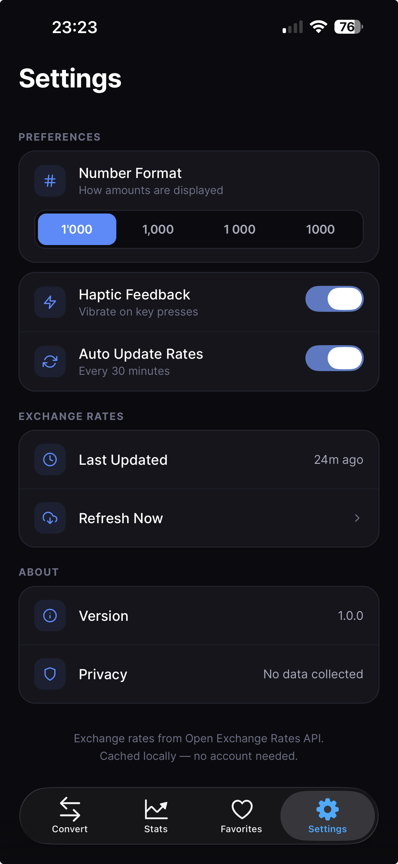 Settings screen